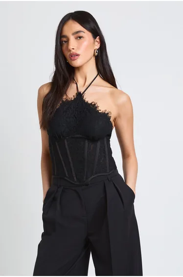 Scallop Edge Lace Halter Corset Top - black