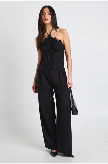 Scallop Edge Lace Halter Corset Top - black