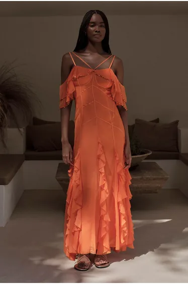 Crinkle Beaded Cold Shoulder Maxi Dress