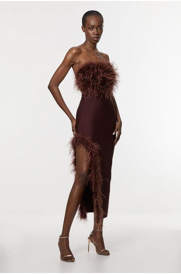 Figure Form Bandage Feather Detail Bandeau Knit Midi Dress