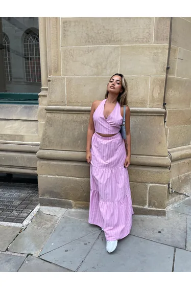 Pink Vertical-Stripe Wrap Halterneck Crop-Top