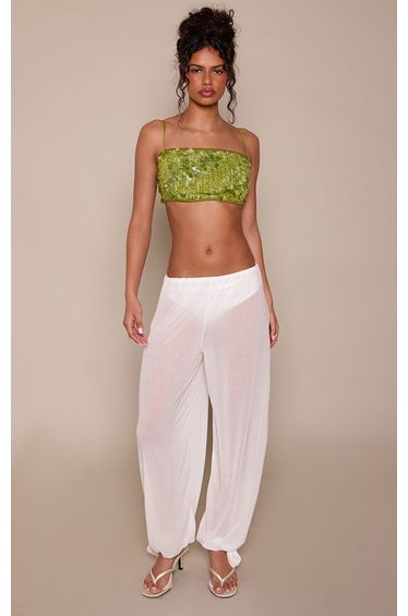 Cream Stretch Chiffon Tie Cuff Detail Trousers