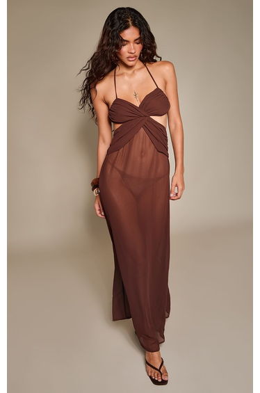 Chocolate Chiffon Strappy Cut Out Maxi Dress