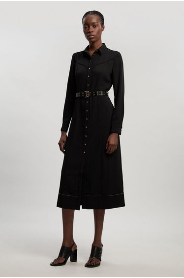 Twill Contrast Woven Midi Shirt Dress