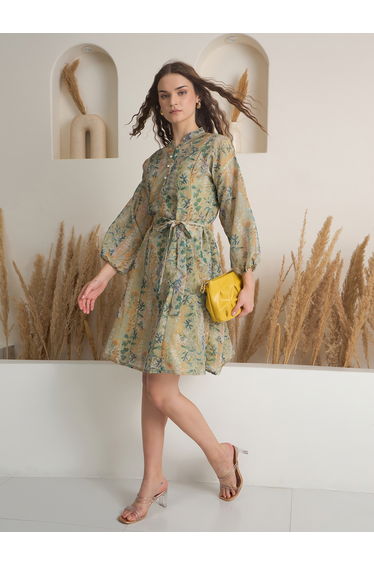 Green Floral Print Mini Dress with Inner Slip