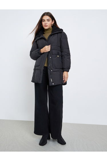 Black Longline Padded Coat with Faux Fur Lining