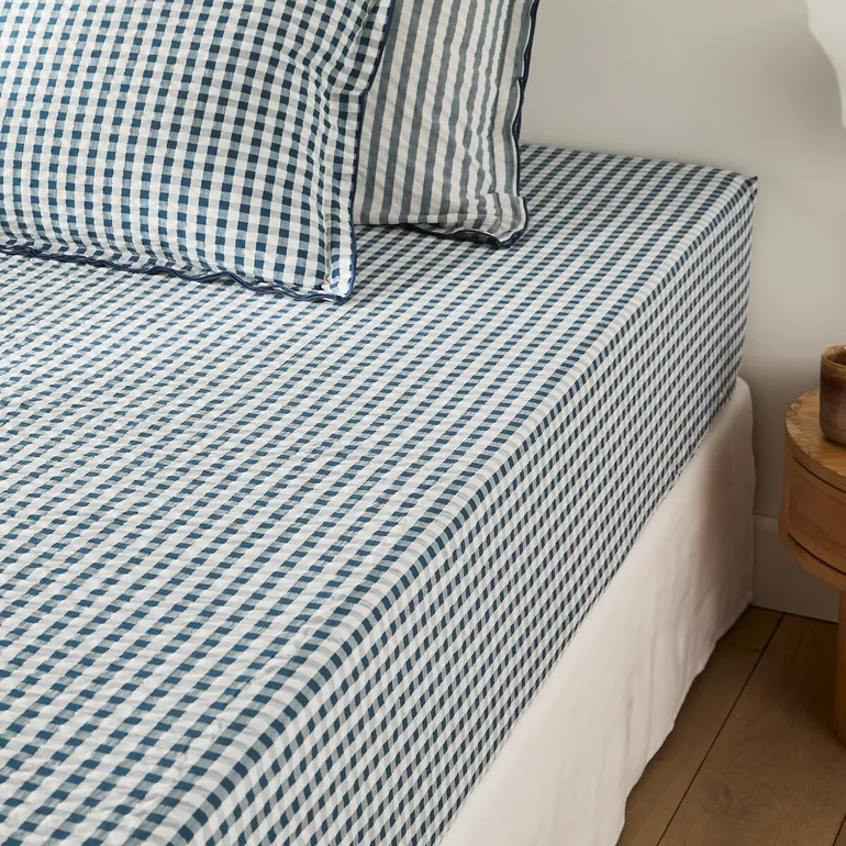 Cottage Blue Fitted Sheet in Seersucker Cotton 30cm - 1