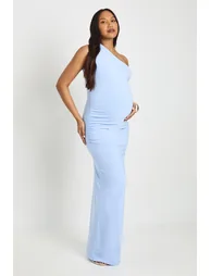 Maternity Double Slinky One Shoulder Ruched Maxi Dress - baby blue