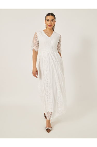 Short Sleeves V-Neck A-Line Lace Maxi Dress