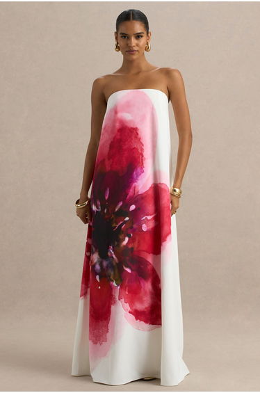 Breonna | Bright Pink Floral Placement Print Bandeau Maxi Dress