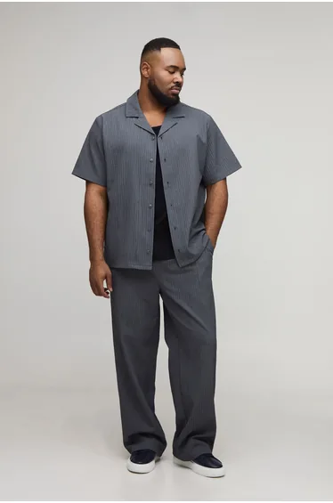 Plus Textured Regular Revere Shirt & Relaxed Trouser Set - slate