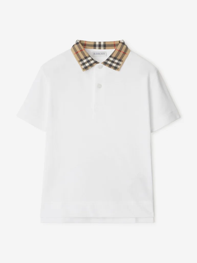 Boys Johane Check Collar Polo Shirt in White - 1