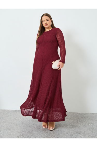 Plus Size Burgundy Lace Insert A-Line Maxi Dress