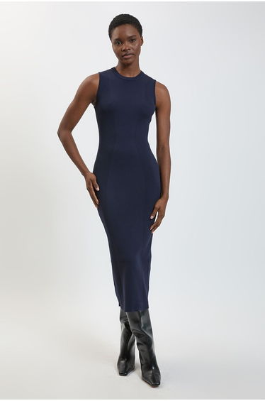 Rib Knitted Crew Neck Midi Dress