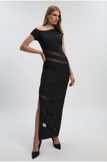 Asymmetric Neck Figure Form Mesh Panel Maxi Dress
