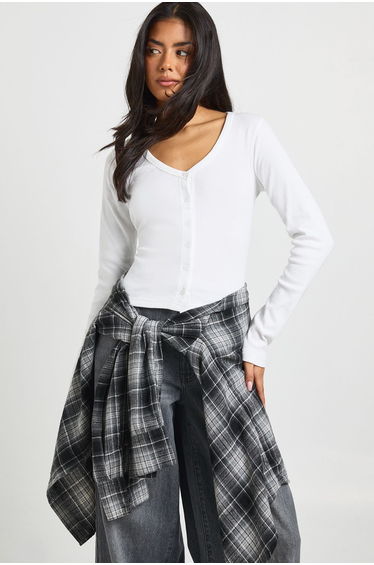 Ribbed Button Through V Neck Long Sleeve Top - white