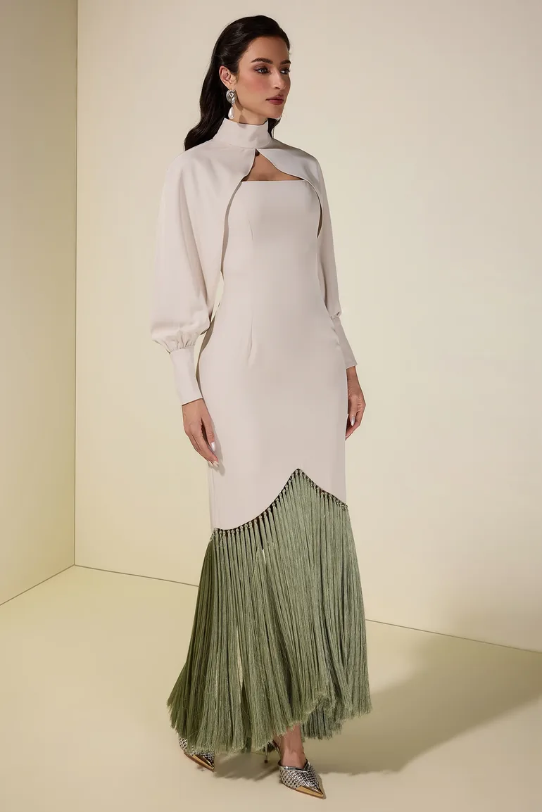 فستان جاردان فو أخضر ميداكسي بقصة مستقيمة بأكمام طويلة - 7