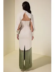 فستان جاردان فو أخضر ميداكسي بقصة مستقيمة بأكمام طويلة - 2