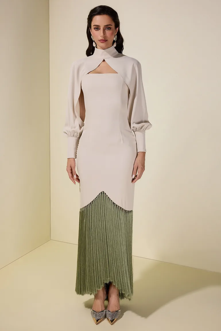 فستان جاردان فو أخضر ميداكسي بقصة مستقيمة بأكمام طويلة