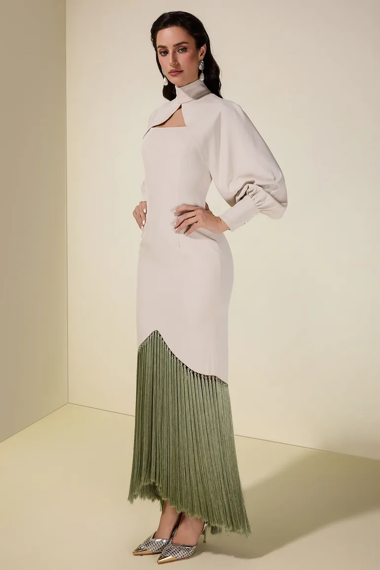 فستان جاردان فو أخضر ميداكسي بقصة مستقيمة بأكمام طويلة - 8