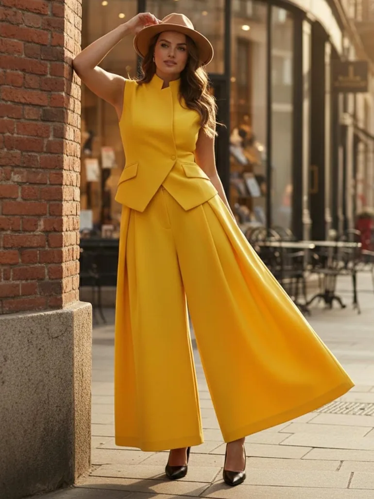 Elasticated Waist High Waisted Asymmetric Buttoned Solid Color Split-Joint Stand Collar Tank Top - 6