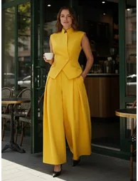 Elasticated Waist High Waisted Asymmetric Buttoned Solid Color Split-Joint Stand Collar Tank Top - 1