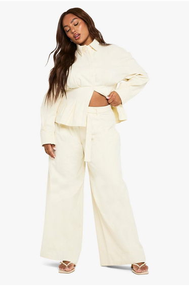 Plus Belted Wide Leg Twill Trouser - ecru