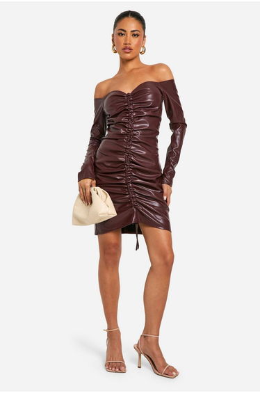 Faux Leather Ruched Mini Dress - chocolate