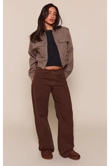 Petite Brown Checked Cropped Wool Look Epaulette Detail Jacket