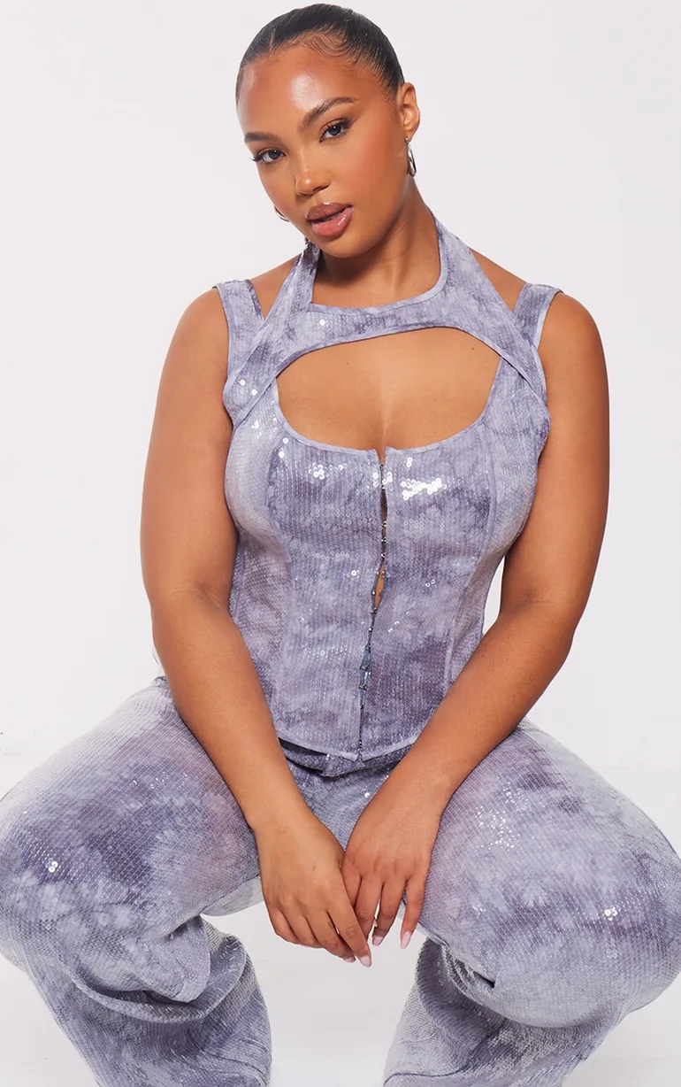 Plus Charcoal Sequin Cut Out Neckline Detail Corset - 3