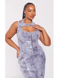 Plus Charcoal Sequin Cut Out Neckline Detail Corset - 1