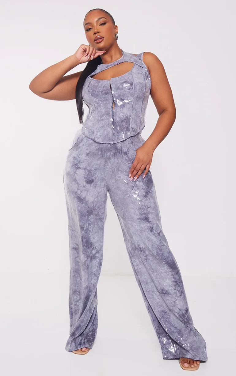Plus Charcoal Sequin Cut Out Neckline Detail Corset