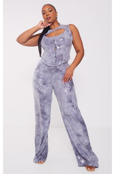 Plus Charcoal Sequin Cut Out Neckline Detail Corset