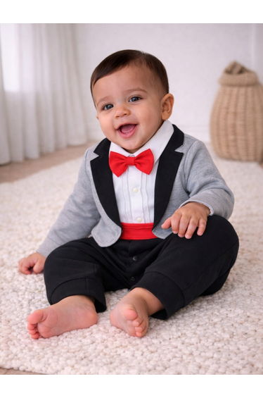Baby Boys 3-Piece Tuxedo, Shirt and Bow Tie Mock Romper Set