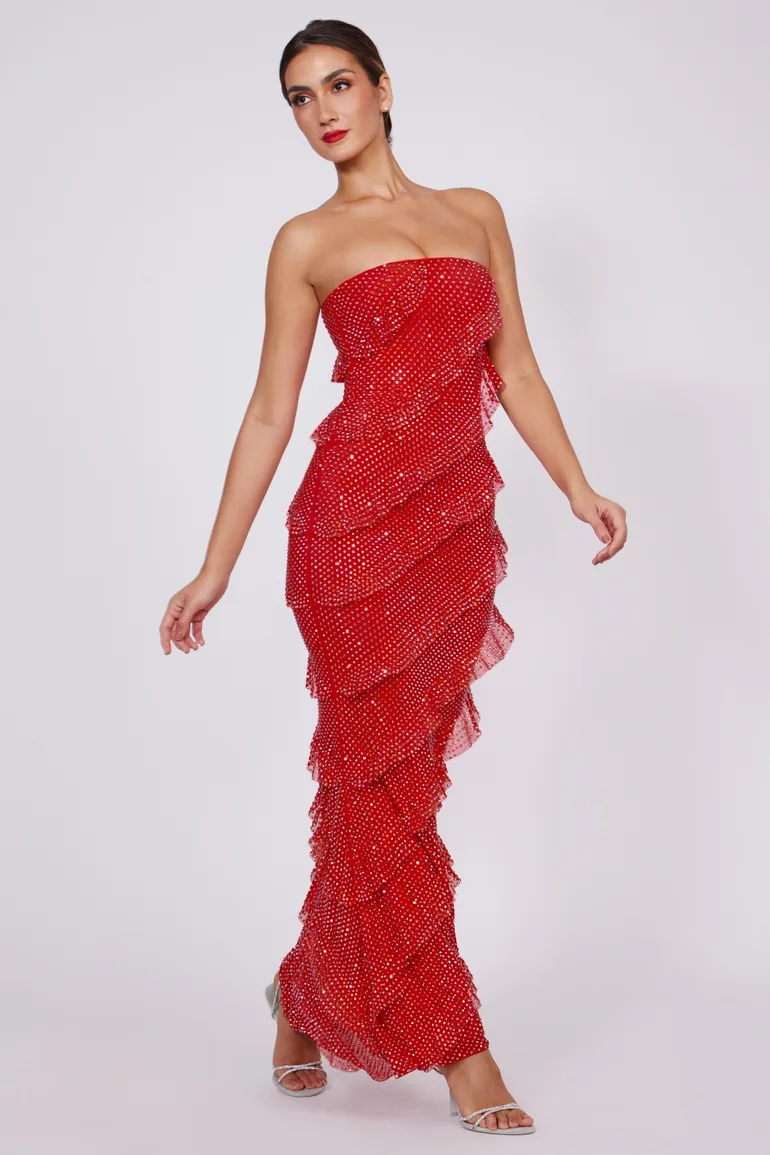 chinese dress ladies Multi Tropical Print Ruffle Strapless Maxi Dress - All Dresses