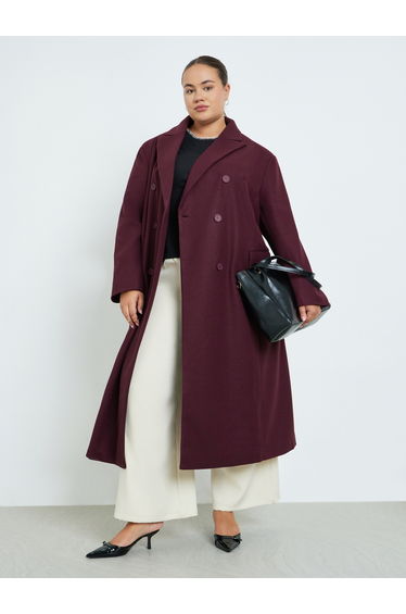 Plus Size Burgundy Double Breasted Longline Coat