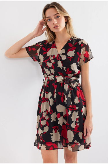 BDART V-neck Flowering Mini Dress with Tie Closure