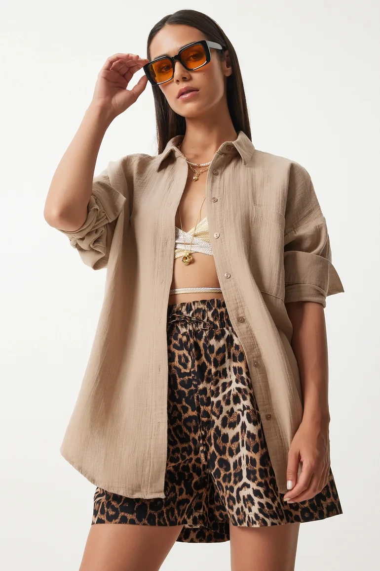 ISTANBUL Oversized Textured Cotton Shirt with Pocket - 2