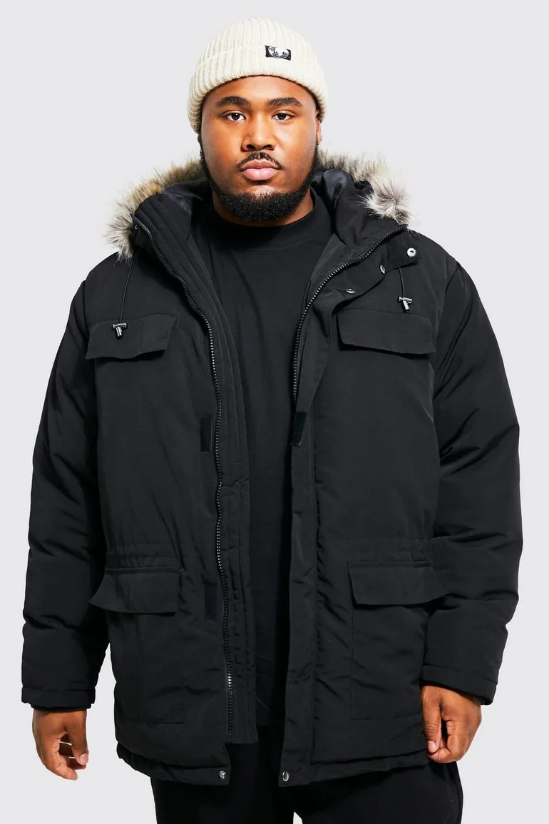 Plus Faux Fur Hooded Arctic Parka - black