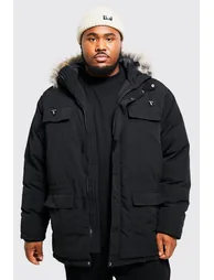 Plus Faux Fur Hooded Arctic Parka - black