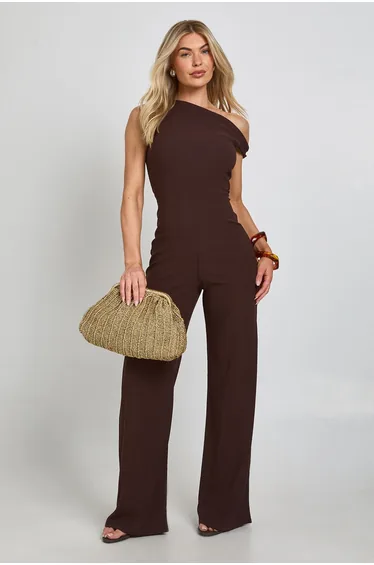Textured Asym Neck Wide Leg Jumpsuit - chocolate