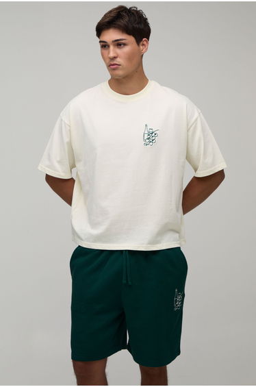 Oversized Boxy Wine Embroidery T-Shirt & Baggy Short Set - forest