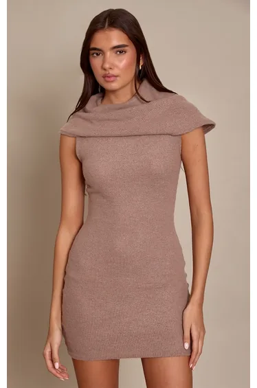 Taupe Draped Scarf Detail Bodycon Dress