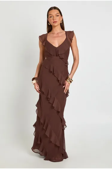 Tonal Chiffon Ruffle Detail Backless Maxi Dress - chocolate