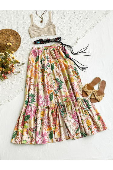 Women Floral Printed Button Front Split Hem Maxi Skirt