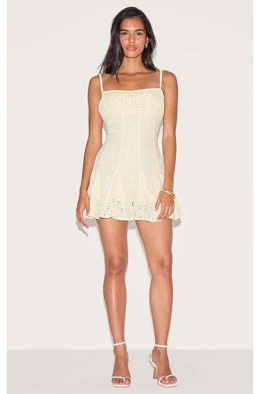 Lemon Broderie Strappy Pleated Shift Dress