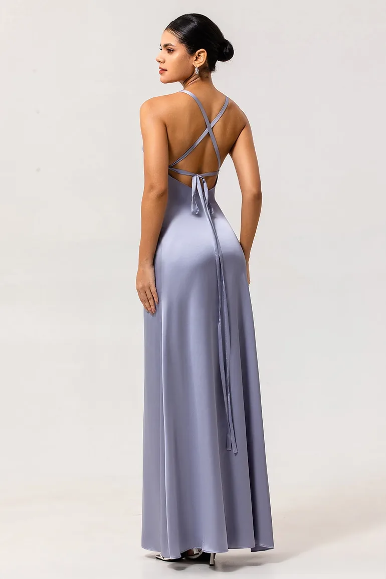 Simple Dusty Blue Satin Sheath Maxi Bridesmaid Dress with Slit Leely :  Dresses : VogaCloset Qatar