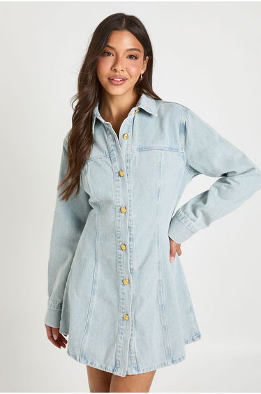 Gold Button Cinched Denim Dress - bleach wash