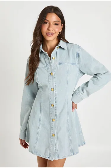 Gold Button Cinched Denim Dress - bleach wash