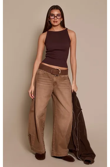 Dark Chocolate Contour Rib High Neck Racer Vest Top